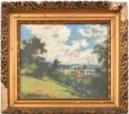 Sztelek Norbert (1884-1956): Nagybánya látképe. Pasztell, karton, jelzett, üvegezett, sérült keretben, 31x35 cm / Norbert Sztelek (1884-1956): Panorama of Baia Mare. Pastell on cardboard, signed, framed.