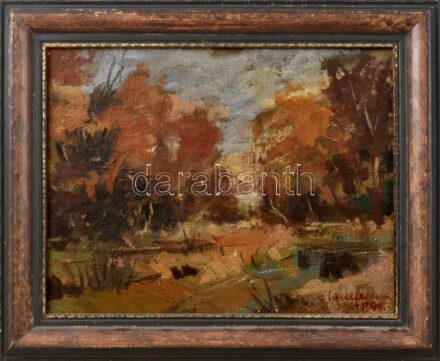Incze Ferenc (1910-1988): Őszi táj, Erdély, 1940 körül. Olaj, vászon, jelzett. Dekoratív, sérült keretben 31x38 cm / Ferenc Incze (1910-1988): Transylvanian landscape in autumn, around 1940. Oil on canvas, signed, framed