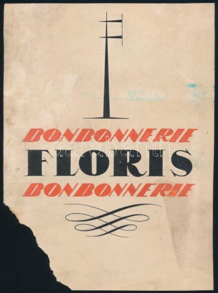Floris Bonbonnerie, art deco csokoládé reklám- vagy termékcsomagolás terv, 1925-30 körül. Tus, akvarell, karton. Jelzés nélkül, feltehetően Galambos Margit terve. Sérült, foltos. 20,5x15 cm
