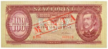 1980. 100Ft piros 'MINTA' felülnyomással és perforációval, 'B 000 000079' sorszámmal T:I / Hungary 1980. 100 Forint with 'MINTA (SPECIMEN)' overprint and perforation, with 'B 000 000079' serial number C:UNC Adamo F33Ma
