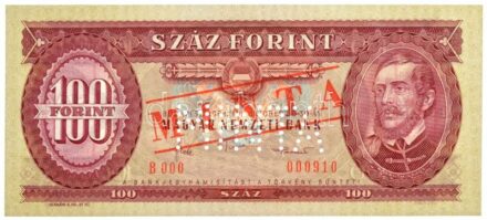 1984. 100Ft piros 'MINTA' felülnyomással és perforációval, 'B 000 - 000910' sorszámmal T:I / Hungary 1984. 100 Forint with 'MINTA' (SPECIMEN) overprint and perforation and with 'B 000 - 000910' serial number C:UNC Adamo F35Ma