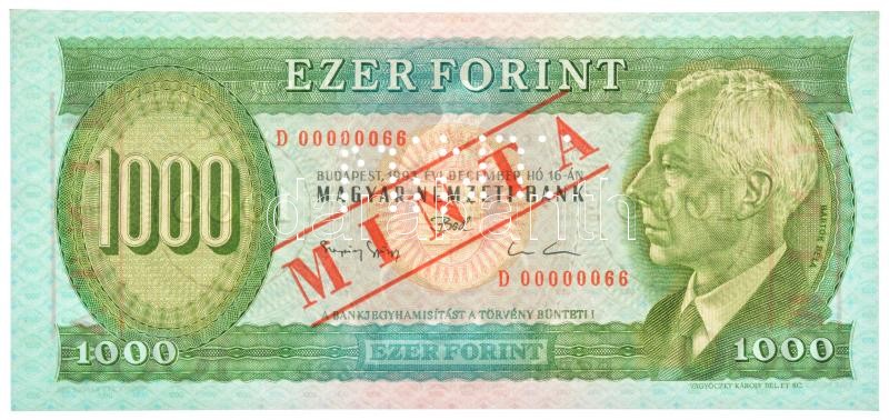 1993. 1000Ft 'D 00000066' sorszámmal, piros 'MINTA' felülnyomással és perforációval T:I / Hungary 1993. 1000 Forint with 'D 00000066' serial number and with red 'MINTA' (SPECIMEN) overprint and perforation C:UNC Adamo F47M
