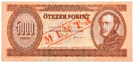 1992. 5000Ft 'J 00000053' sorszámmal, piros 'MINTA' felülnyomással és perforációval, nyomdai papírránccal T:I / Hungary 1992. 5000 Forint with 'J 00000053' serial number and with red 'MINTA' (SPECIMEN) overprint and perforation, with