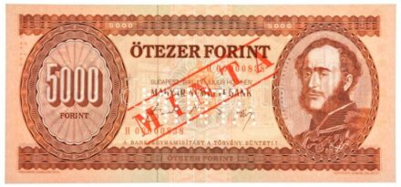 1990. 5000Ft 'H 00000838' sorszámmal, piros 'MINTA' felülnyomással és perforációval T:I / Hungary 1990. 5000 Forint with 'H 00000838' serial number and with red 'MINTA' (SPECIMEN) overprint and perforation C:UNC Adamo F49M
