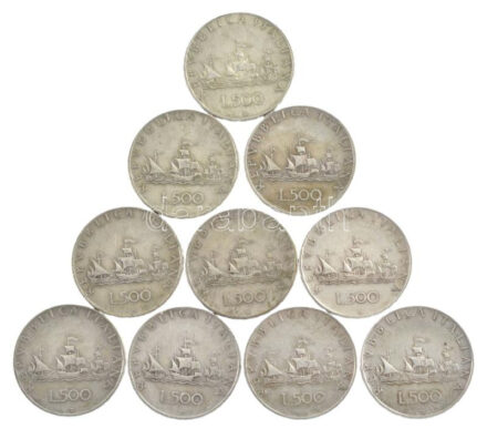 Olaszország 1959R 500L Ag 'Kolumbusz hajói' (10x) T:2,2-patina Italy 1959R 500 Lire Ag 'Columbus' ships' (10x) C:XF,VF patina Krause KM#98