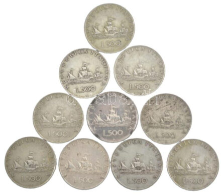 Olaszország 1960R 500L Ag 'Kolumbusz hajói' (10x) T:2-3 patina, ph. Italy 1960R 500 Lire Ag 'Columbus' ships' (10x) C:XF-F patina, edge error Krause KM#98