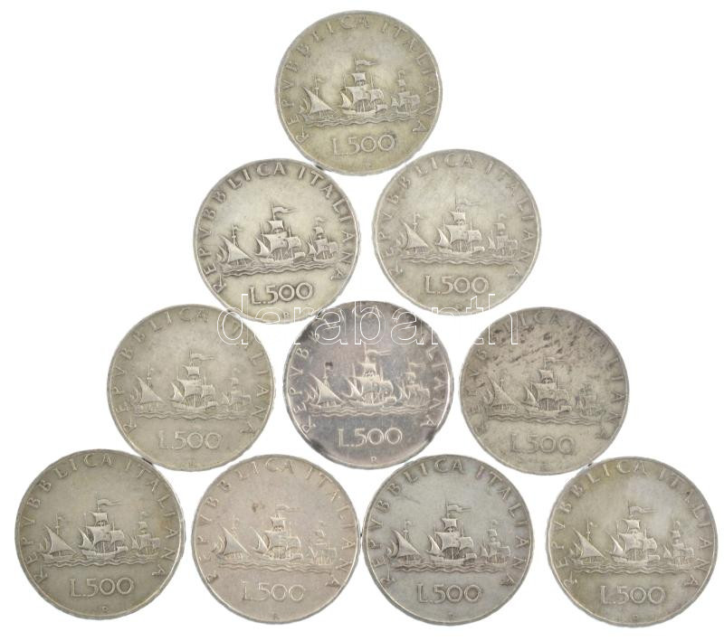 Olaszország 1960R 500L Ag 'Kolumbusz hajói' (10x) T:2-3 patina, ph. Italy 1960R 500 Lire Ag 'Columbus' ships' (10x) C:XF-F patina, edge error Krause KM#98