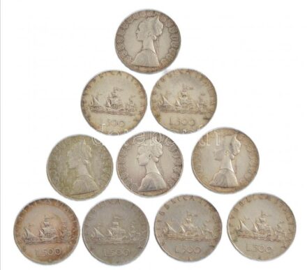 Olaszország 1958R 500L Ag 'Kolumbusz hajói' (10x) T:2-3 patina, ph. Italy 1958R 500 Lire Ag 'Columbus' ships' (10x) C:XF-F patina, edge error Krause KM#98