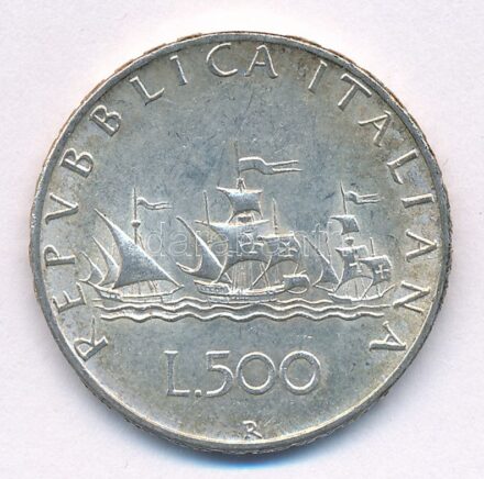 Olaszország 1964R 500L Ag 'Kolumbusz hajói' T:1-,2 patina Italy 1964R 500 Lire Ag 'Columbus' ships' C:AU,XF patina Krause KM#98