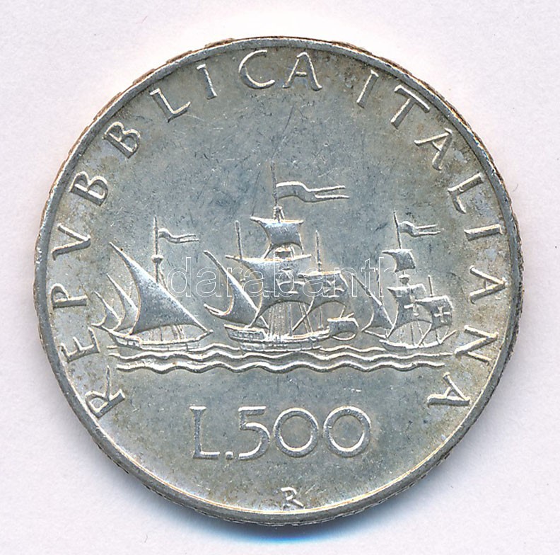 Olaszország 1964R 500L Ag 'Kolumbusz hajói' T:1-,2 patina Italy 1964R 500 Lire Ag 'Columbus' ships' C:AU,XF patina Krause KM#98