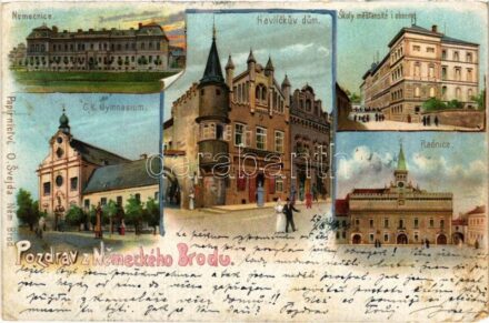 1900 Havlíckuv Brod, Nemecky Brod; Nemocnice, Havlíckuv dum, Skoly mestansé i obecné, Radnice, C. K. Gymnasium / hospital, school, town hall. Art Nouveau, litho (EK)
