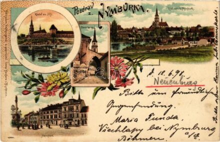 1898 (Vorläufer) Nymburk, Kostel sv. Jilji, Stará fortna, Námestí / church, square. Art Nouveau, floral, litho (fl)