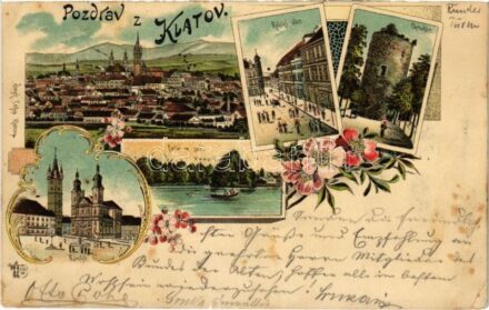 1898 (Vorläufer) Klatovy, Námestí, Risská ulice, Okrouhlice, Partie ze sadu. Art Nouveau, floral, litho (tear)