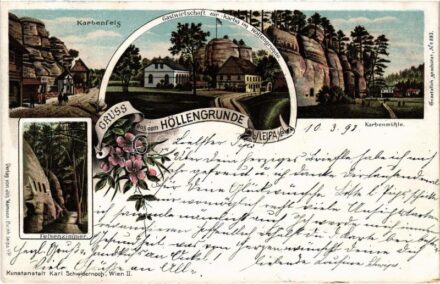 1898 (Vorläufer) Peklo, Höllengrund bei Leipa; Karbenfels, Gastwirtschaft zur Karba im Höllengrunde, Karbenmühle, Felsenzimmer. Karl Schwidernoch Art Nouveau, floral, litho (small tear)