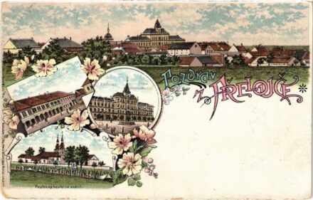 1898 (Vorläufer) Prelouc, Hlavní námestí, Radnice, Skola, Poutnicky kostel na sv. poli / main square, town hall, church. Art Nouveau, floral, litho (cut)