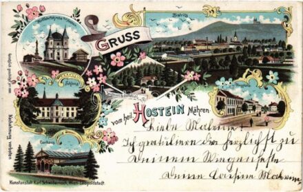 1898 (Vorläufer) Hostyn, Svaty Hostyn; Wallfahrtskirche a. d. Hostein, Schloss, Bistritz, Ringplatz, Curhaus. Karl Schwidernoch Art Nouveau, floral, litho (EK)