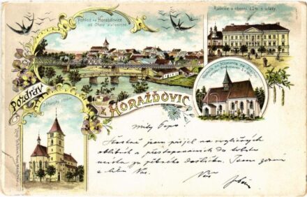 1898 (Vorläufer) Horazďovice, Horazdovice; Dekansky chrám, Radnice a obecni dum s úrady. Th. Böhm Art Nouveau, floral, litho (tear)