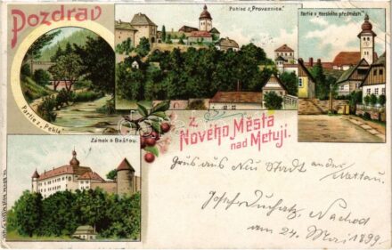 1899 (Vorläufer) Nové Mesto nad Metují, Pohled z Provaznice, Horského predmestí, Zámek s Bastou, Partie z Pekla. Th. Böhm Art Nouveau, floral, litho (EB)