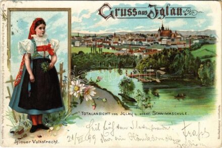 1899 (Vorläufer) Jihlava, Iglau; Iglauer Volkstracht, Totalansicht von Iglau u. städt. Schwimmschule / Czech folklore, traditional costume, swimming school. Art Nouveau, floral, litho (EB)