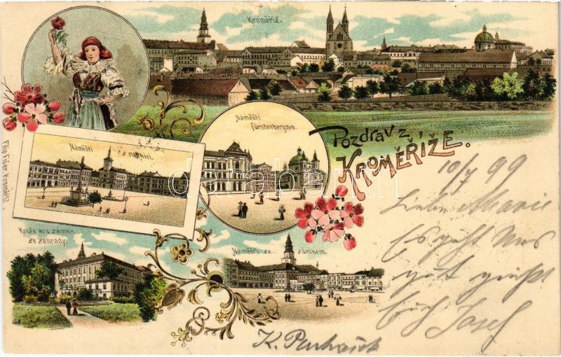 1899 (Vorläufer) Kromeríz, Kremsier; Námestí, Radnice, Námestí Fürstenbergovo, Knize arc zámek ze zahrady, Námestí ze zankem. Art Nouveau, floral, litho