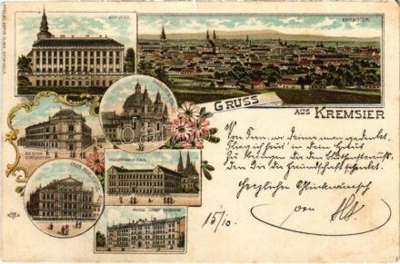 1897 (Vorläufer!) Kromeríz, Kremsier; Schloss, Piaristen Kirche, K.K. Böhm. Gymnasium, Knabenseminar, Ober Realschule, Franz Josef Kaserne. Art Nouveau, floral, litho (small tear)