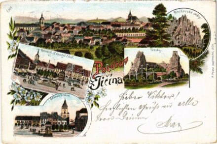 1896 (Vorläufer!) Jicín, Námestí, Západni cást, Vezová brána, Trosky, Prachovské skály. Art Nouveau, floral, litho (EK)