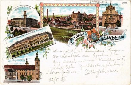 1898 (Vorläufer) Mladá Boleslav, Mestská budova, Kasárna c.k. zemské obrany, Dekansky chrám, Staré mesto. Art Nouveau, floral, litho (EK)