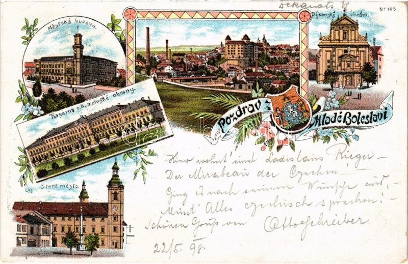 1898 (Vorläufer) Mladá Boleslav, Mestská budova, Kasárna c.k. zemské obrany, Dekansky chrám, Staré mesto. Art Nouveau, floral, litho (EK)