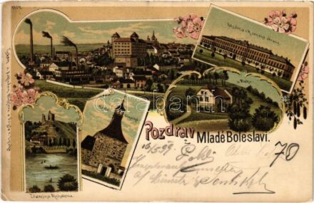 1899 (Vorläufer) Mladá Boleslav, Kasárna c.k. zemské obrany, DZricenina Michalovie, Kaple Vinecká. Art Nouveau, floral, litho (EK)