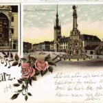 1897 (Vorläufer!) Olomouc, Olmütz; Astronom. Kunstuhr, Rathaus m. Dreifaltigkeitssäule. Regel & Krug Art Nouveau, floral, litho (worn corners)