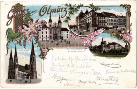 1897 (Vorläufer!) Olomouc, Olmütz; Stadttheater, Hotel Lauer, Garnison-Kirche zu Maria-Schnee, Kloster Hradisch, Domkirche. Art Nouveau, floral, litho (EK)
