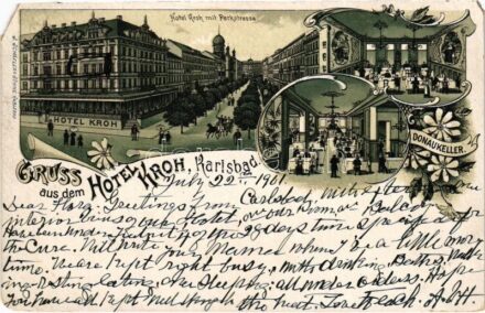 1901 Karlovy Vary, Karlsbad; Hotel Kroh mit Parkstrasse, Donaukeller. Art Nouveau, floral, litho (EM)