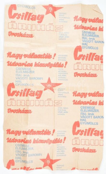 Retro reklám csomagolópapír Csillag Áruház Orosháza, hátulján Luca kalendáriuma név alatt kézzel írt feljegyzések. 80x50 cm