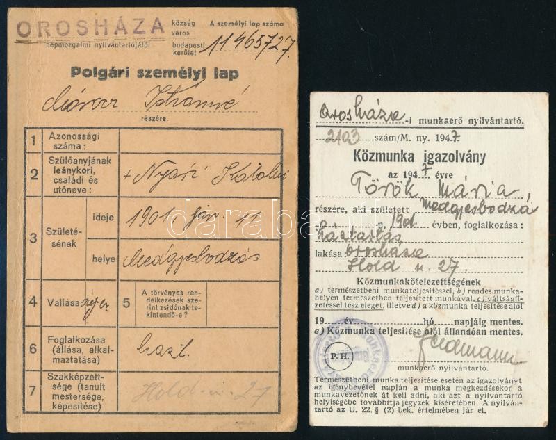 1947 5db Közmunka igazolvány, polgári személyi lap Orosháza - Image 2