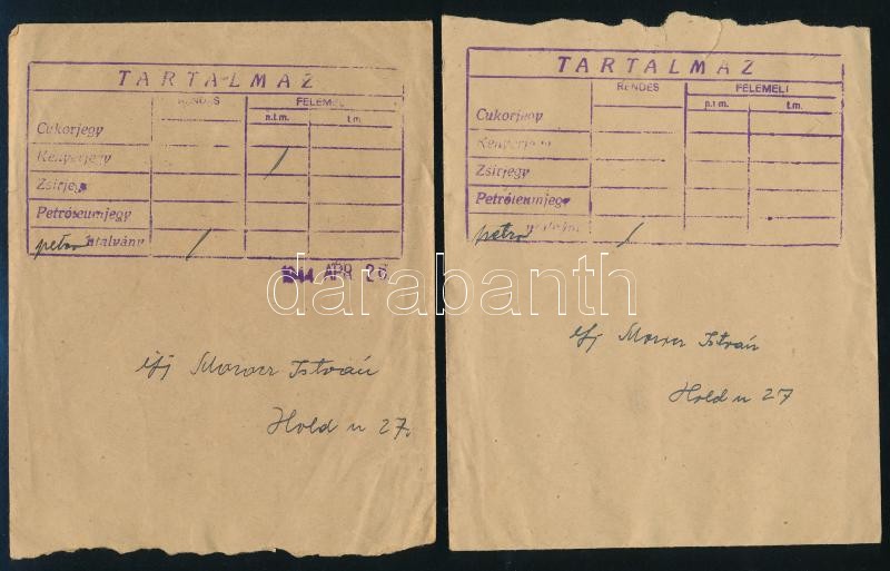 3 db 1944 októberi cukorjegy tasakok és petróleum utalvány