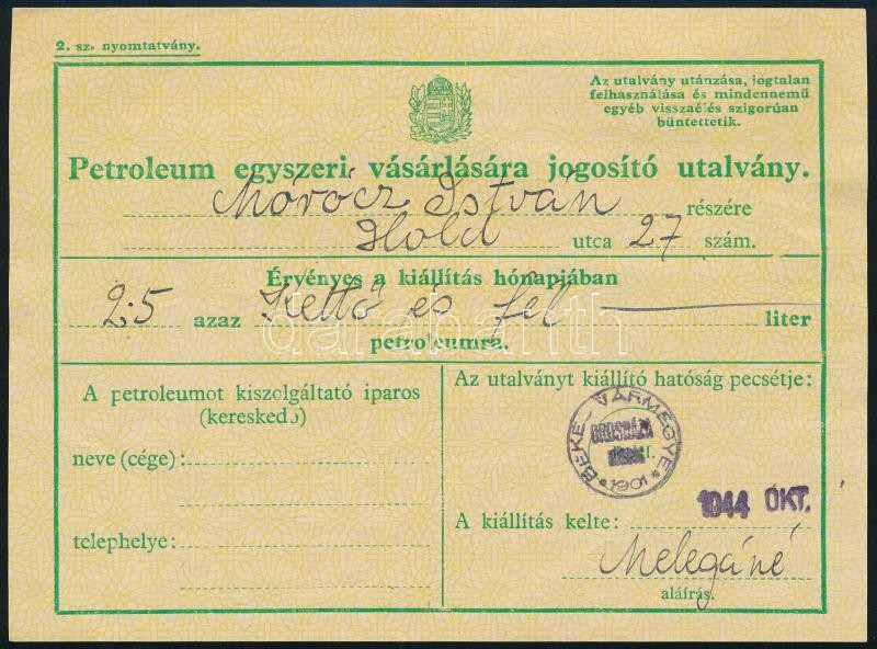 3 db 1944 októberi cukorjegy tasakok és petróleum utalvány - Image 2