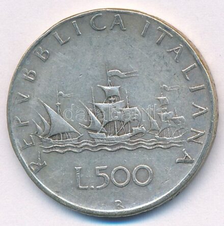 Olaszország 1961R 500L Ag 'Kolumbusz hajói' T:2,2- patina Italy 1961R 500 Lire Ag 'Columbus' Ships' C:XF,VF patina Krause KM#98