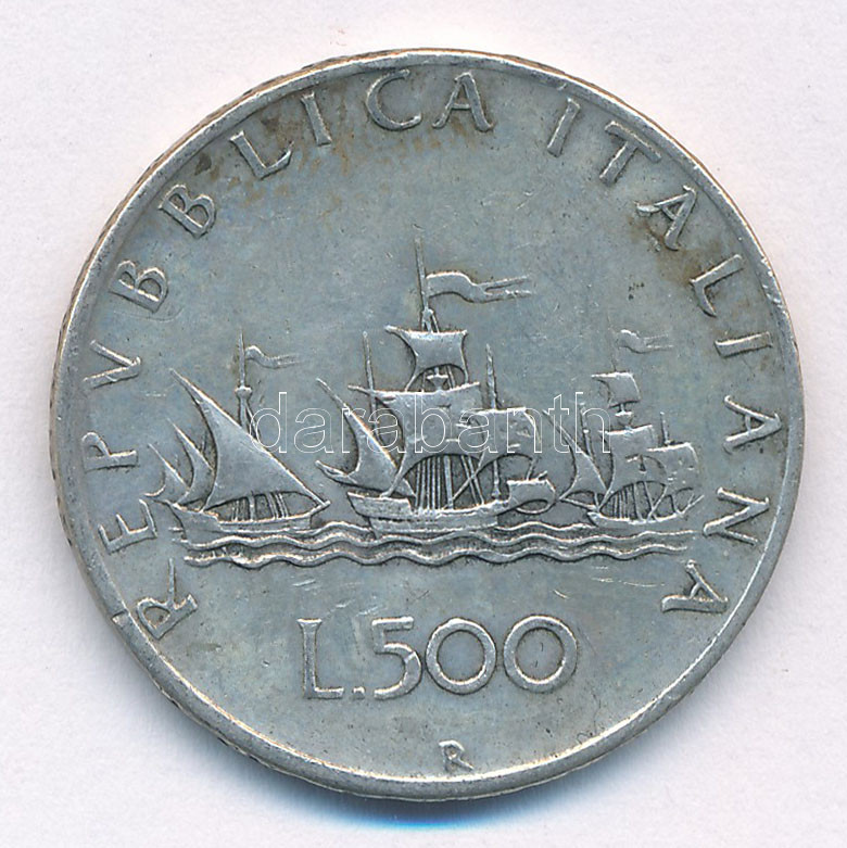 Olaszország 1961R 500L Ag 'Kolumbusz hajói' T:2- patina Italy 1961R 500 Lire Ag 'Columbus' Ships' C:VF patina Krause KM#98