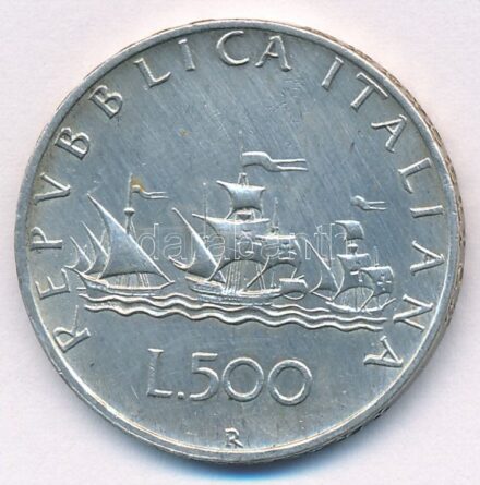 Olaszország 1960R 500L Ag 'Kolumbusz hajói' T:2 patina Italy 1960R 500 Lire Ag 'Columbus' Ships' C:XF patina Krause KM#98