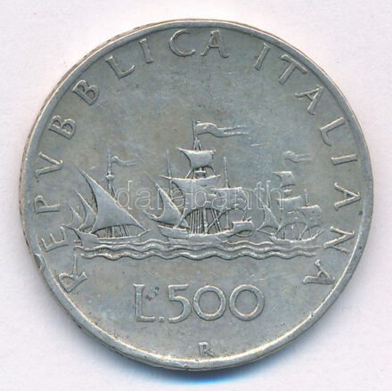 Olaszország 1960R 500L Ag 'Kolumbusz hajói' T:2,2- patina Italy 1960R 500 Lire Ag 'Columbus' Ships' C:XF,VF patina Krause KM#98
