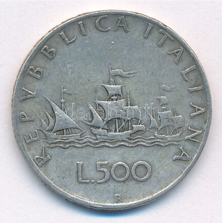 Olaszország 1959R 500L Ag 'Kolumbusz hajói' T:2- patina Italy 1959R 500 Lire Ag 'Columbus' Ships' C:VF patina Krause KM#98