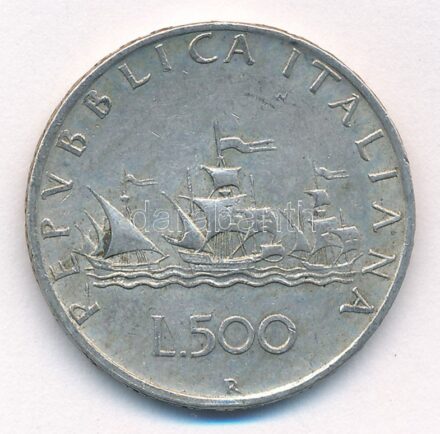 Olaszország 1959R 500L Ag 'Kolumbusz hajói' T:2 patina, kis ph Italy 1959R 500 Lire Ag 'Columbus' Ships' C:XF patina, small edge error Krause KM#98