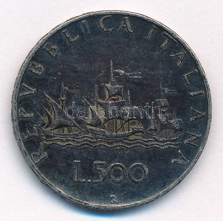Olaszország 1959R 500L Ag 'Kolumbusz hajói' T:2,2- patina, ph Italy 1959R 500 Lire Ag 'Columbus' Ships' C:XF,VF patina, edge error Krause KM#98