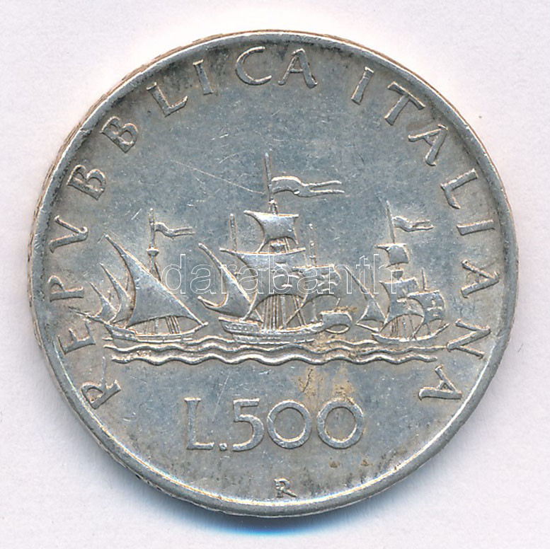 Olaszország 1958R 500L Ag 'Kolumbusz hajói' T:2 patina Italy 1958R 500 Lire Ag 'Columbus' Ships' C:XF patina Krause KM#98
