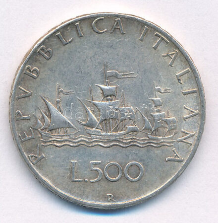 Olaszország 1958R 500L Ag 'Kolumbusz hajói' T:2 patina Italy 1958R 500 Lire Ag 'Columbus' Ships' C:XF patina Krause KM#98