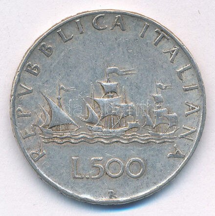 Olaszország 1958R 500L Ag 'Kolumbusz hajói' T:2- patina Italy 1958R 500 Lire Ag 'Columbus' Ships' C:VF patina Krause KM#98