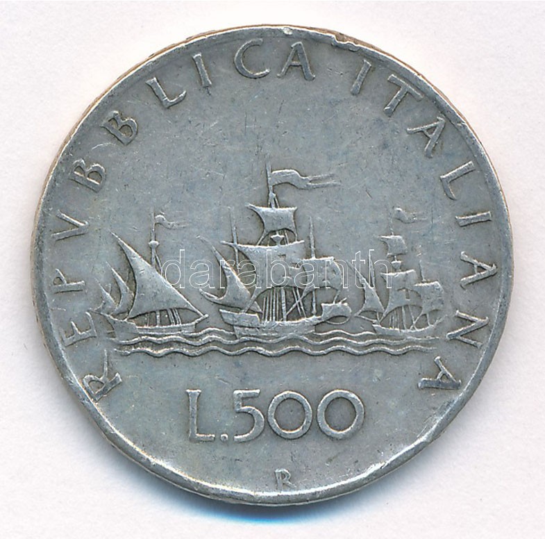 Olaszország 1961R 500L Ag 'Kolumbusz hajói' T:2,2- patina, ph, karc Italy 1961R 500 Lire Ag 'Columbus' Ships' C:XF,VF patina, edge error, scratch Krause KM#98