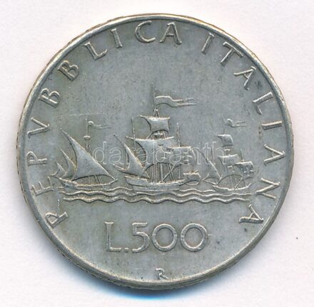Olaszország 1960R 500L Ag 'Kolumbusz hajói' T:1- patina Italy 1960R 500 Lire Ag 'Columbus' Ships' C:AU patina Krause KM#98
