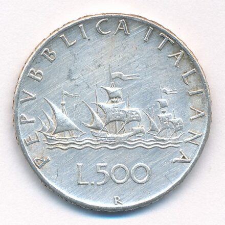 Olaszország 1966R 500L Ag 'Kolumbusz hajói' T:1-,2 patina, karc Italy 1966R 500 Lire Ag 'Columbus' Ships' C:AU,XF patina, scratch Krause KM#98