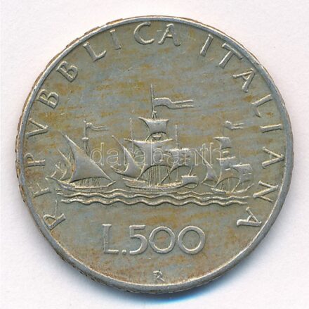 Olaszország 1965R 500L Ag 'Kolumbusz hajói' T:2- patina, ph Italy 1965R 500 Lire Ag 'Columbus' Ships' C:VF patina, edge error Krause KM#98